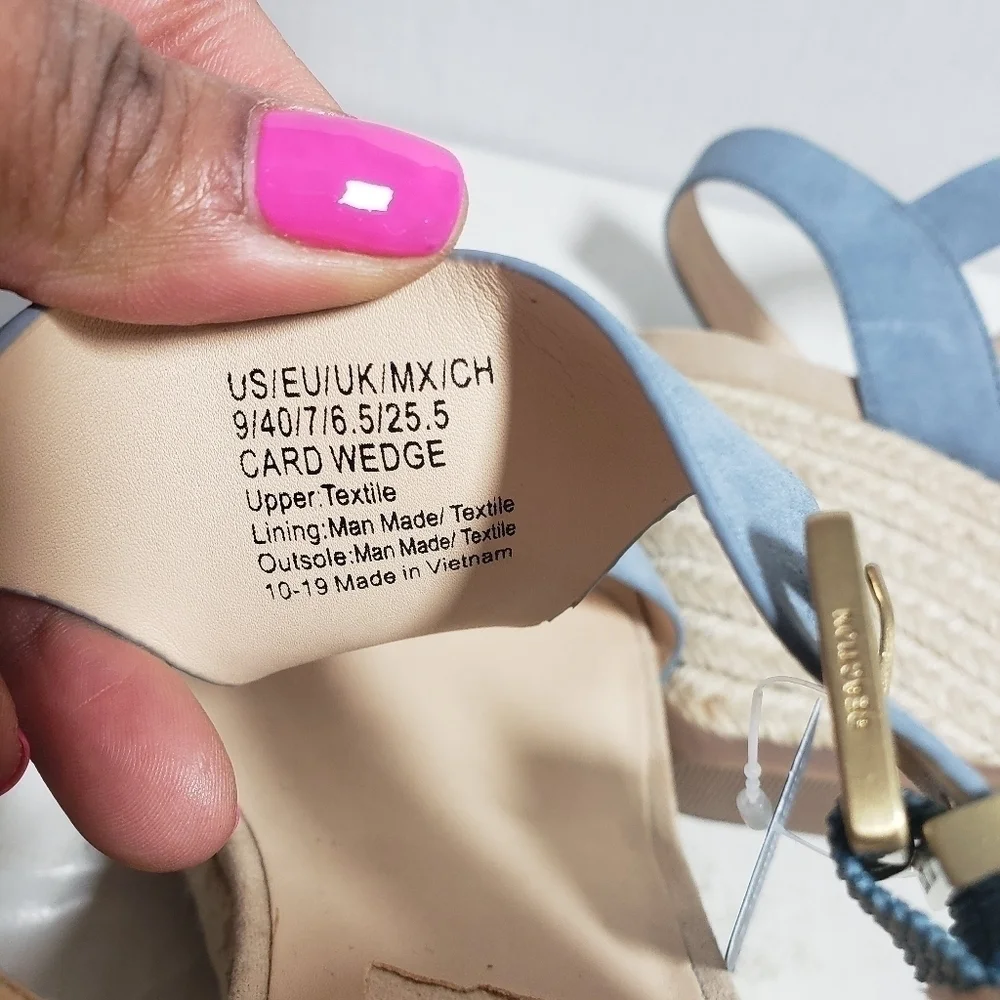 Reaction Kenneth Cole Card Sailboat Blue T-Strap Espadrille Wedge Sandal Sz 9M